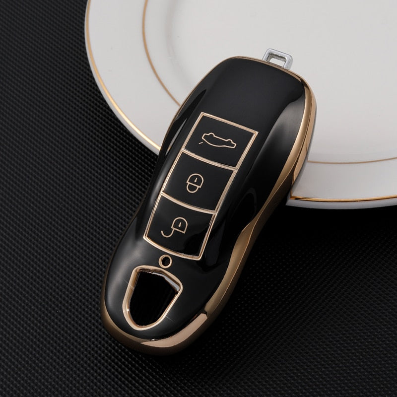 Custodia Protettiva In TPU Per Chiave Auto Porsche (911, Taycan, Macan, Boxster) - 3 Tasti - Design Linee Oro - Colore Rosso